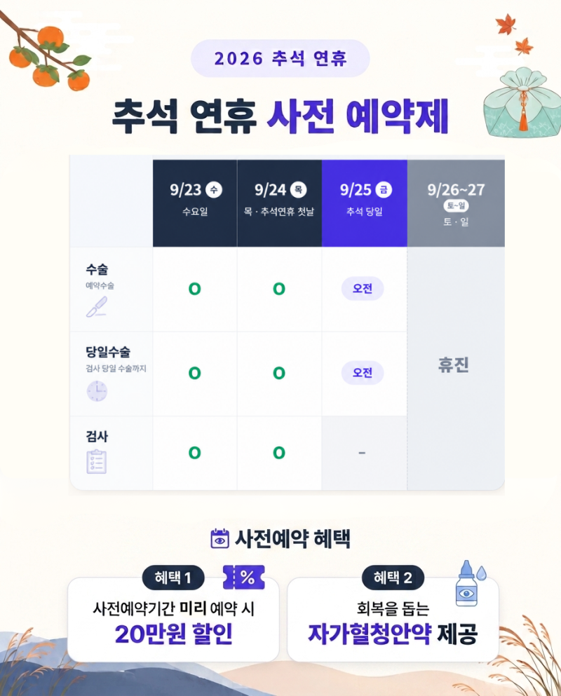 2026 추석연휴 시력교정술 사전예약|아이리움안과 9/23(수)-25(금, 추석) 진료일정